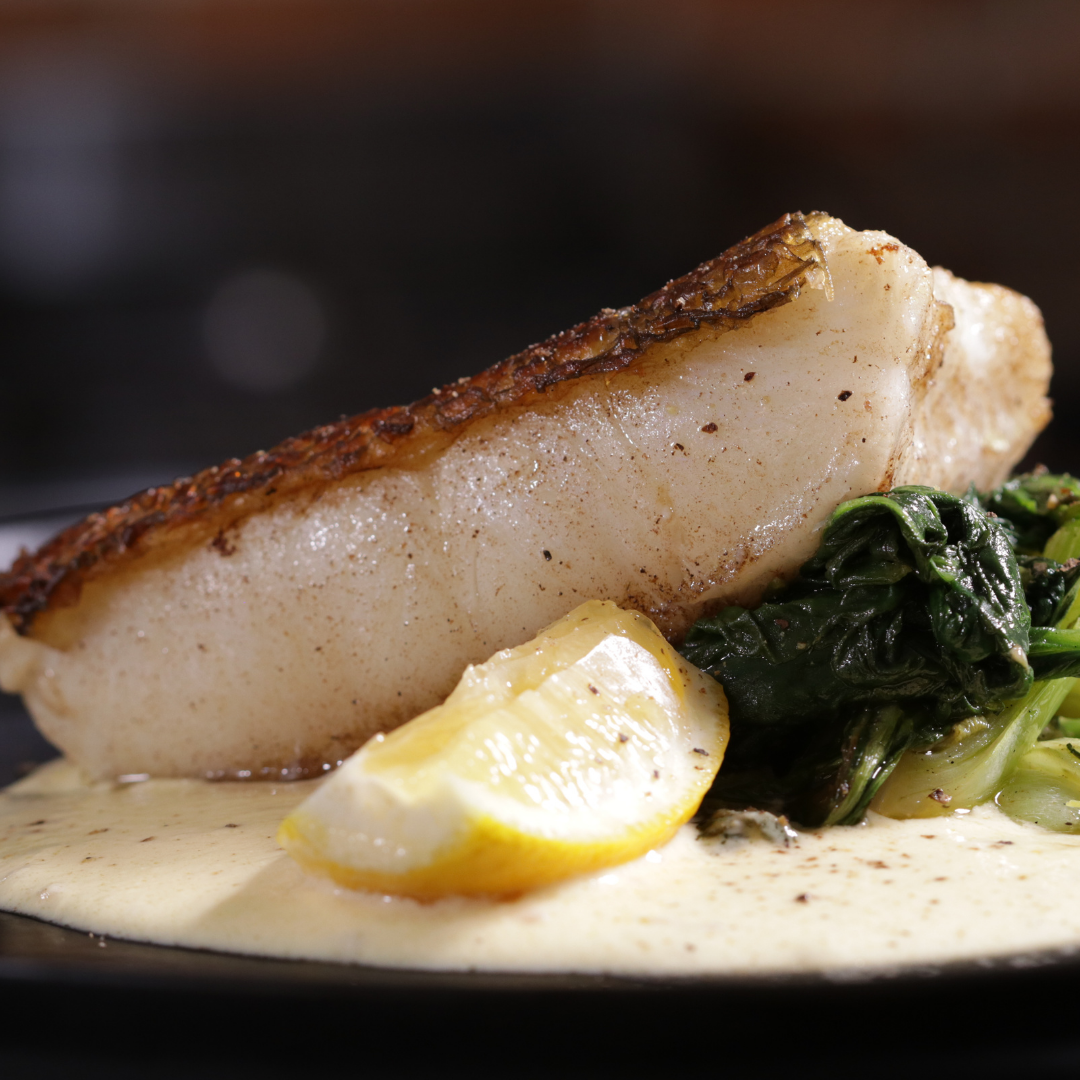 Seabass Portion & Lemon Cream, Sautéed Greens Recipe