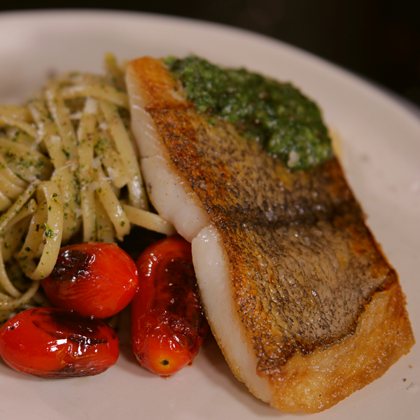 HALIBUT FILLET and PESTO with BLISTERED TOMATOES Recipe